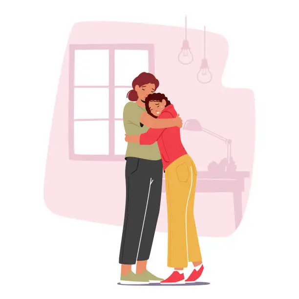 Vector illustration of Mother and Crying Daughter Hugging in Living Room Speak and Share Problems. Parent Support Child. Mom and Girl Relations