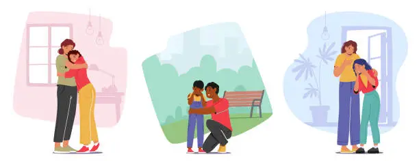 Vector illustration of Set Parenting, Parents Support and Loving Relation. Mother or Father Hugging Crying Children, Speak and Share Problems