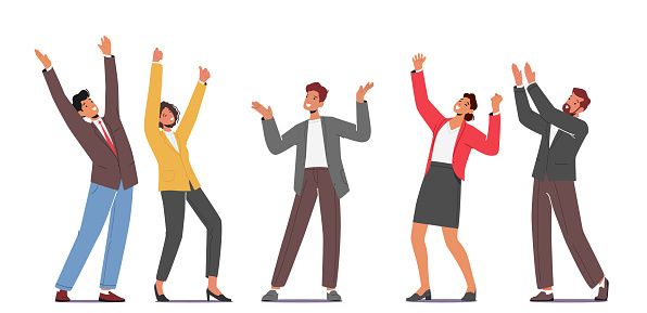 Happy Colleagues Office Employees Rejoice with Raised Arms, Male Female Characters Feel Positive Emotions, Celebrate Victory or Success Isolated on White Background. Cartoon People Vector Illustration