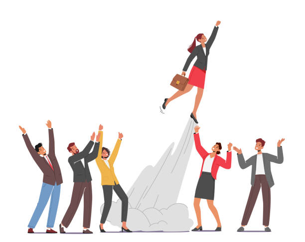 ilustrações de stock, clip art, desenhos animados e ícones de cheerful colleagues rejoice see off cool businesswoman take off like a rocket in sky with raised hand, career boost - eufórico