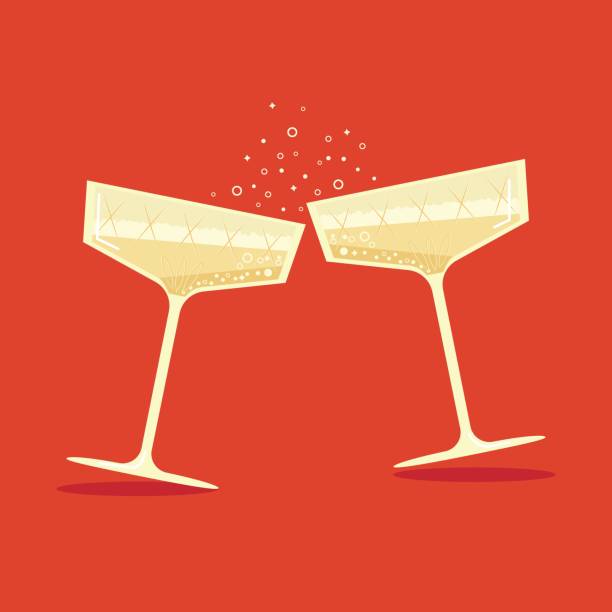 Art & Illustration Champagne glasses. Vector illustration of two glasses with bubbly and bubbles for holiday announcement or card design. champagne bubbles stock illustrations