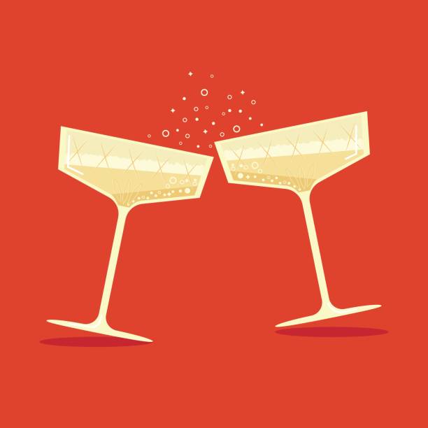 Art & Illustration Champagne glasses. Vector illustration of two glasses with bubbly and bubbles for holiday announcement or card design. Champagne stock illustrations