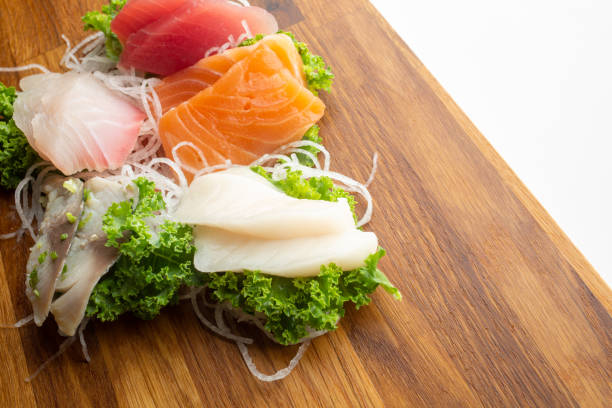istock Sashimi on cutting board. Tuna, Salmon, White tuna, Mackerel, Yellow Fin 1419446952