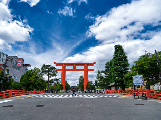 Torii gate and crosswalk in front of Heian Shrine stock photo