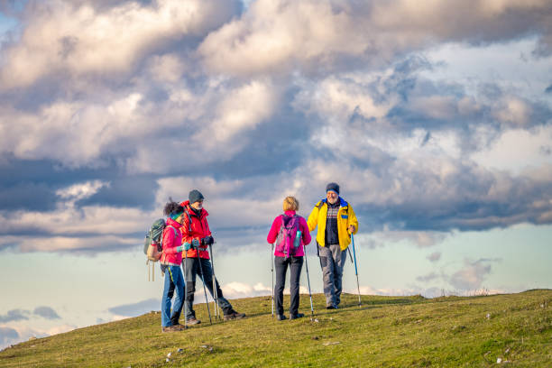 istock Group of friends standing on elevated grass meadow in landscape 1419448331