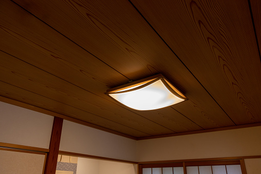 Ceiling light shining in a dark Japanese-style room