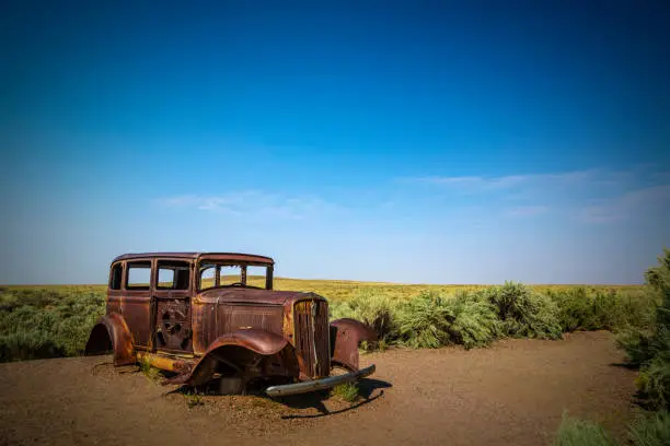 Holbrook, Arizona USA - September 5, 2017: Famous and historic 32 Studebaker abanoned along the old Route 66 highway within Painted Desert National Forest.