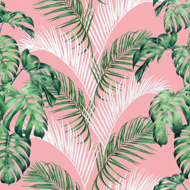 istock Watercolor painting monstera,palm leaves seamless pattern on pink background.Watercolor hand drawn illustration tropical exotic leaf prints for wallpaper,textile aloha jungle pattern. 1419457295