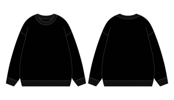 Blank Black Long Sleeve Sweater Template On White Background.Front And Back View, Vector File. round neckline stock illustrations