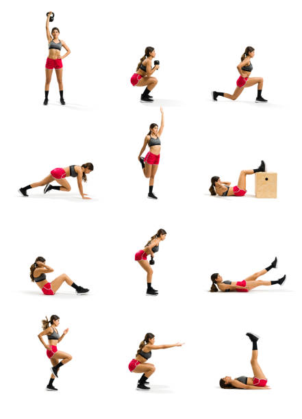 Composite of a latin young woman practicing cross training and doing different workout poses on a template with white background