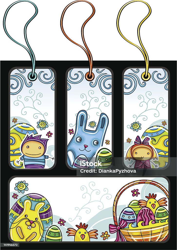 Easter tags Easter theme  tags, banners featuring cute girl and boy, Easter bunny, eggs and chicken, traditional  spring basket. Swirls and flowers on the background, place for your text. Animal stock vector