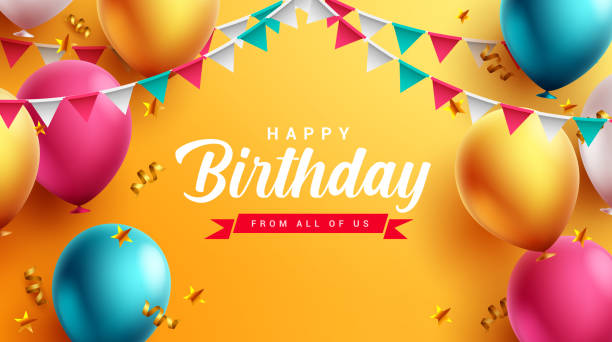 ilustraciones, imágenes clip art, dibujos animados e iconos de stock de diseño vectorial de texto de cumpleaños. feliz cumpleaños con globos, confeti y elementos de banderines - happy birthday