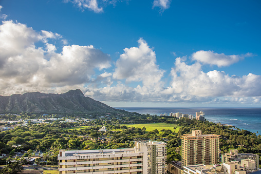 Aerial view of Waikiki beaches and its hotels and condominiums, Kapiolani Park and Diamond Head