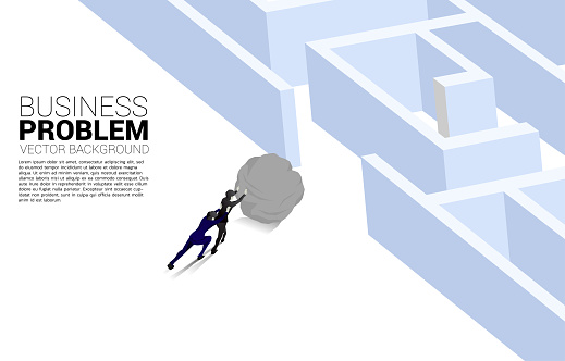 Silhouette of businessman pushing the rock to enter to maze. Concept of business challenge and work hard.