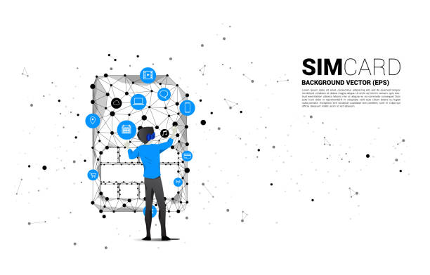 istock Silhouette man wear VR glasses and dot connect line shaped sim card icon. Concept for mobile sim card technology and network. 1419485919
