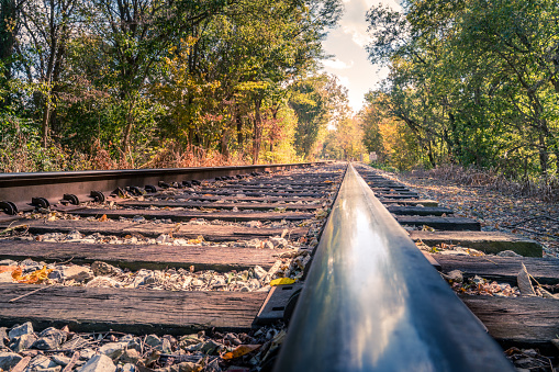 Ground level view down the railroad tracks in Central Kentucky