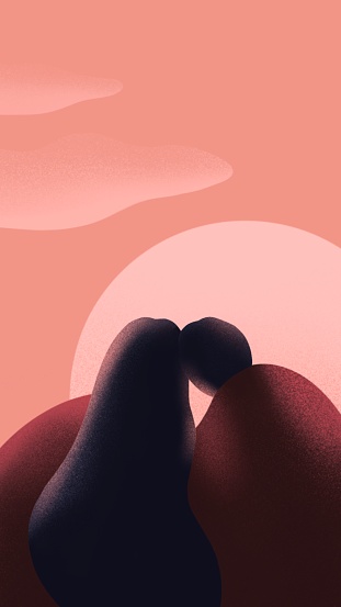A young couple watches the sunset basking under a warm blanket. Illustration with warm summer tones using the noise brush effect. Raster illustration made in the Procreate program