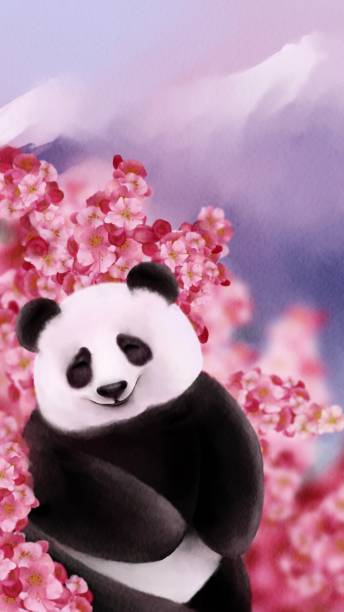 Cute Chinese panda with cherry blossoms. Digital art. vector art illustration