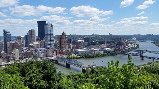 Downtown Pittsburgh, Pennsylvania, and bridges over the Monongahela River.