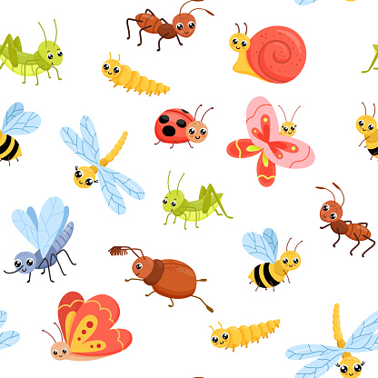 Seamless pattern with Cartoon insects. Cute butterfly, grasshopper and dragonfly. Childish vector illustrations isolated on white