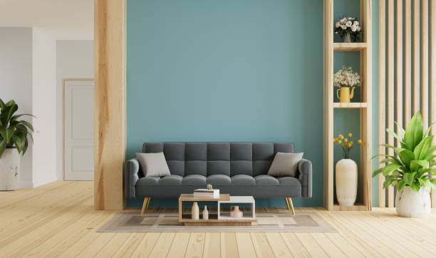 istock Cozy modern living room interior have sofa on empty dark blue wall background. 1419490654