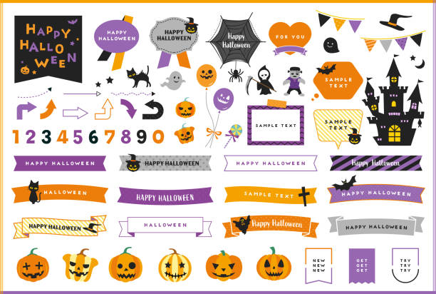 Halloween illustration icon, frame and ribbon design set. Vector, banner, speech bubble, simple, templates Halloween illustration icon, frame and ribbon design set. Vector, banner, speech bubble, simple, templates happy halloween banner stock illustrations