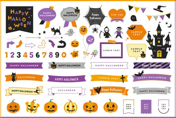 Vector illustration of Halloween illustration icon, frame and ribbon design set. Vector, banner, speech bubble, simple, templates