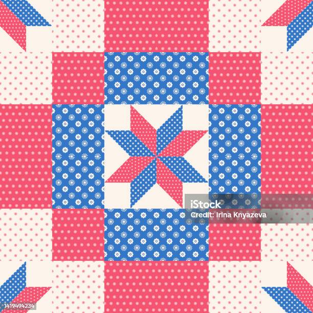 Patchwork Pattern In Red And Blue Stock Illustration - Download Image ...