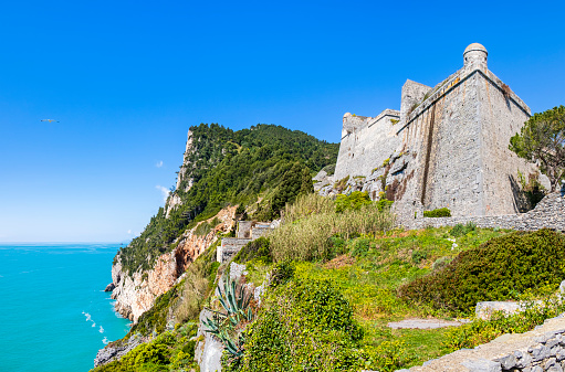The Castello Doria in Porto Venere overlooks the village, but, on the back, is perched on the cliff facing the Ligurian sea (3 shots stitched)