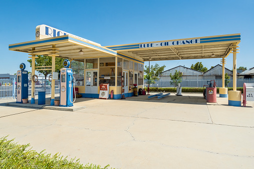 Coalinga, California, USA - August 18, 2022: Retro vintage Richfield Gas Service Station Art Deco style.