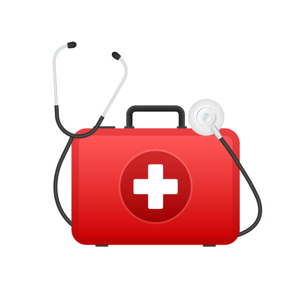Cartoon icon with red first aid on white background for medical design. Flat vector illustration Cartoon icon with red first aid on white background for medical design. Flat vector illustration. priority baggage tag stock illustrations