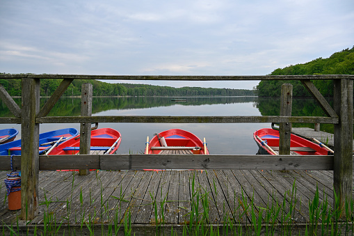 Ahlbeck, Germany, May 11, 2022 - Boat rental at Lake Wolgast on the island of Usedom