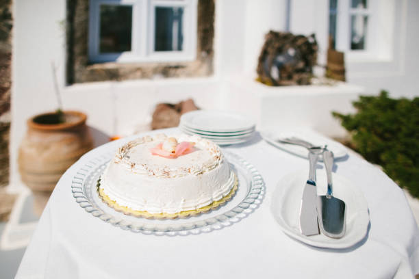 Single tier wedding cake decorated with petals and shells.