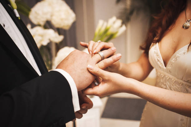 istock Bride and groom exchange rings at the wedding ceremony 1419509739