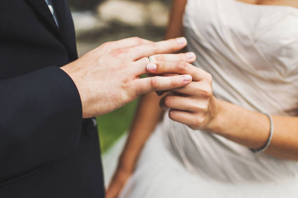 istock Bride and groom exchange rings at the wedding ceremony 1419509783