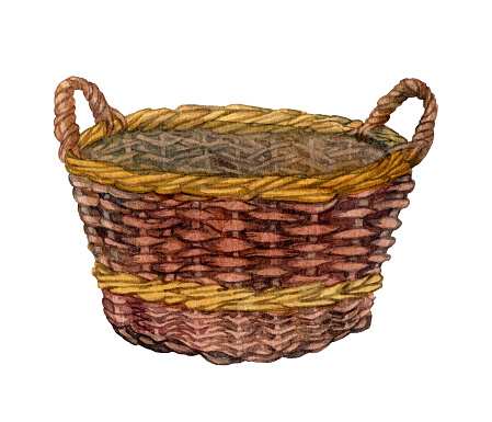 Watercolor handdrawn basket for fruits and vegetables . Wicker bread basket illustration. grandma's bun basket. Brown tall wicker basket with two handles isolated on white background.