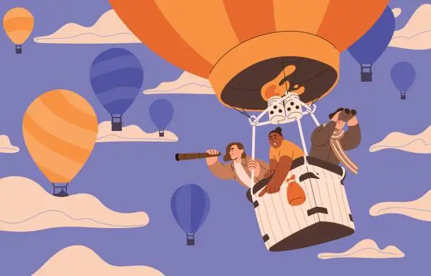 Vector illustration of Hot air balloon flight. Happy people soaring, flying in basket in sky among clouds. Tourists with telescope floating during aerial ballon travel, festival on summer holiday. Flat vector illustration