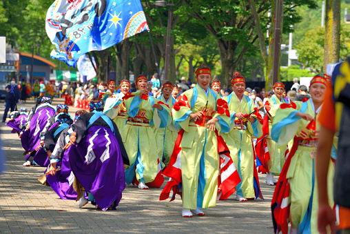 Tokyo, Japan-August 27, 2022:\nHarajuku-Omotesando Genki Matsuri Super Yosakoi was held in Harajuku and Yoyogi Park area, Tokyo, on the last weekend of August this year, after 2 years' absence due to the COVID-19 Pandemic. Men and women, young and old, performed very vibrant dancing in Super Yosakoi Parade..\nYosakoi is one of the most popular dance festivals in Japan, which originated in Kochi City, Shikoku Island, in 1954, and takes place for four days, including the eve of festival, from August 9 to 12 each year. Ever since, Yosakoi has become popular throughout Japan and Yosakoi festivals are now held all over throughout the year.