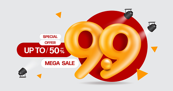 Number 9.9 3d yellow in front of the red circle and there is a promotion text mega sale special offer up to 50% for promotion design mega sale on the ninth day of the ninth month,vector 3d isolated