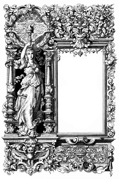 ornament na strony vintage, kobieta z latarką - scroll shape corner victorian style silhouette stock illustrations