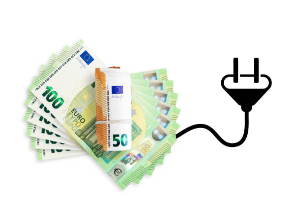 Euro banknotes on a white background. Energy crisis and expensive electricity, gas price. Big heating, gas and electricity bill stock photo