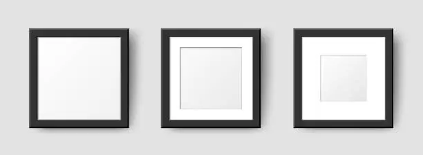 Vector illustration of Realistic Square Empty Wall Photo Frames set. Vector black picture frame mockup template with shadow on grey background. Mockup for poster, banner, photo gallery, painting, presentation