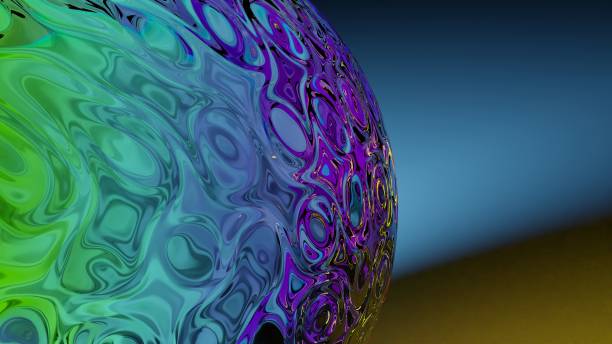 istock 3D renderings. 3D high quality render. Giant glass orb with blue light. Crystal textured dial with a liquid pattern. Giant sphere on a colorful abstract background. artistic background with ornament 1419515501