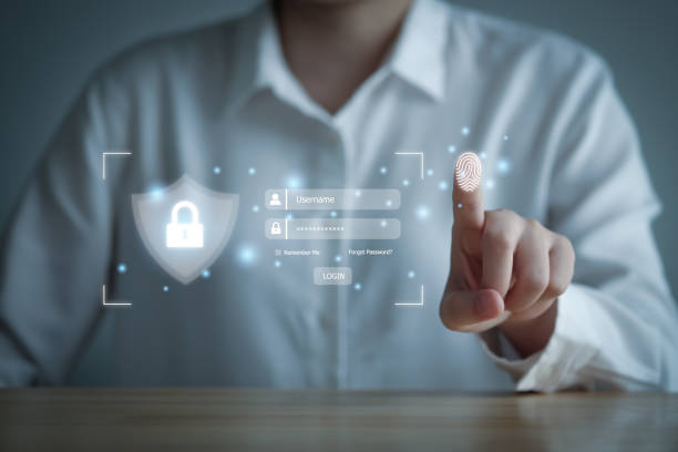 istock Cyber security concept. protection of privacy personal data. information security and encryption, fingerprint scan and biometric authentication to connect username and password for unlock system. 1419516183