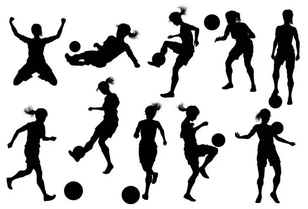 Vector illustration of Female Soccer Football Player Woman Silhouette Set