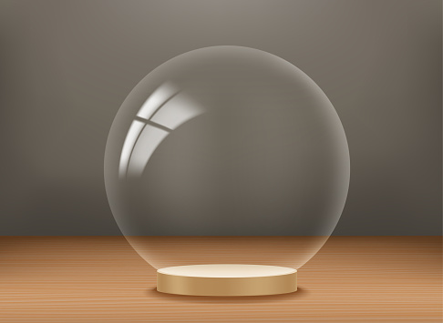 Empty showcase with transparent glass sphere. 3d vector presentation mockup