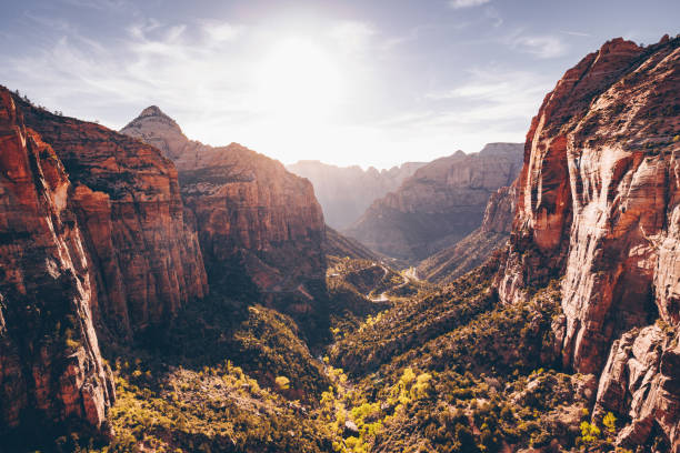 Aerial view overlooking the Zion National Park at the Canyon Overlook. Seen a hot day in the Summer.