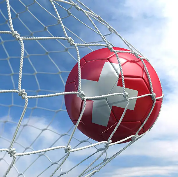 3d rendering of a Swiss soccer ball in a net
