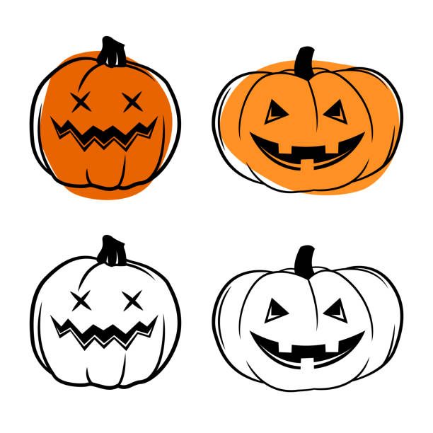 Vector scary spooky smiling Halloween pumpkin Vector simple scary spooky smiling Halloween pumpkin isolated. Jack o Lantern. Traditional contour decoration, symbol of holiday celebration in cartoon doodle style halloween lantern stock illustrations