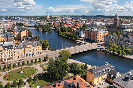 The city of Norrköping in the Östergötland county of Sweden on a summer day.